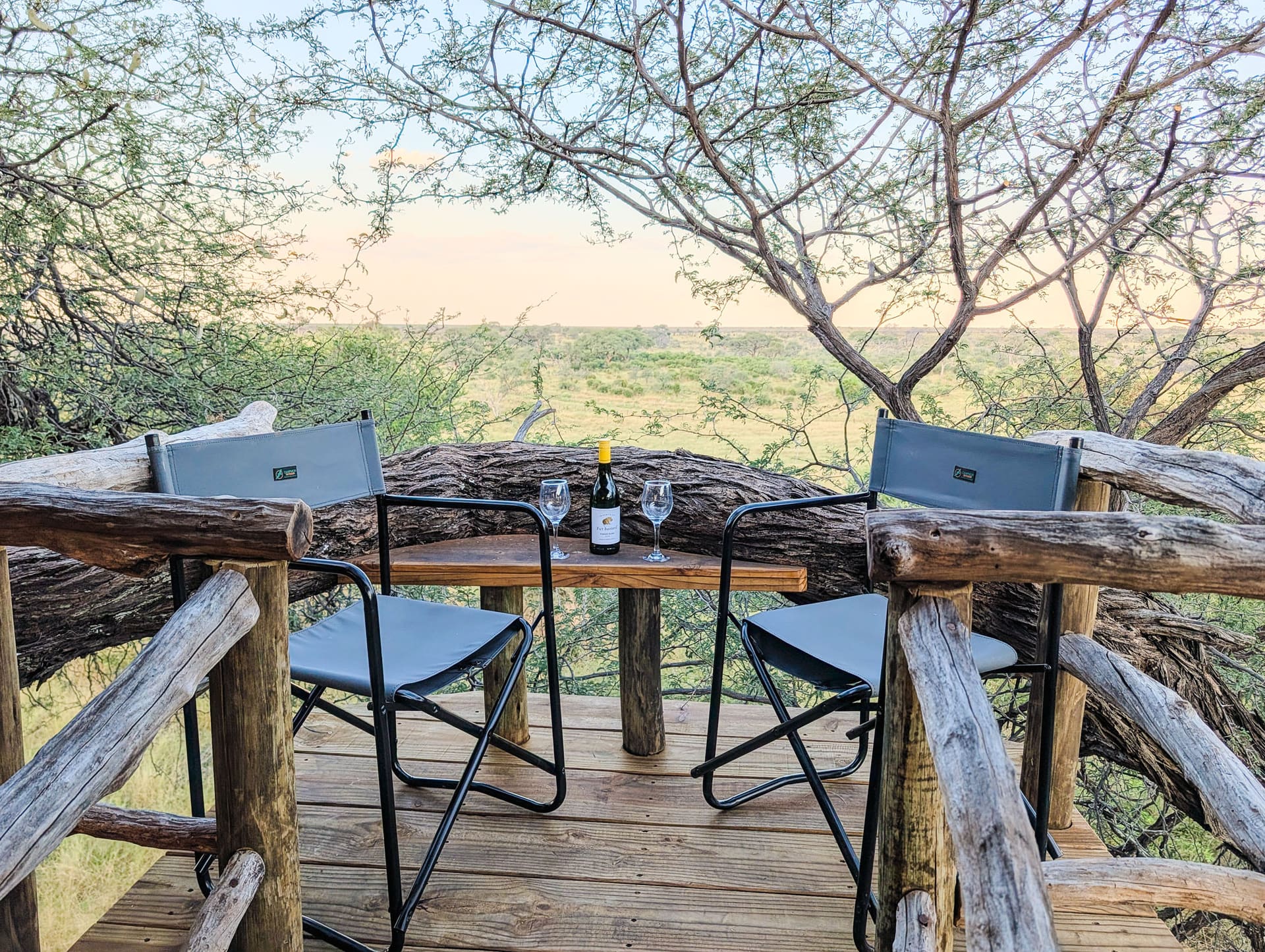 Treehouse deck above the Boteti riverbed